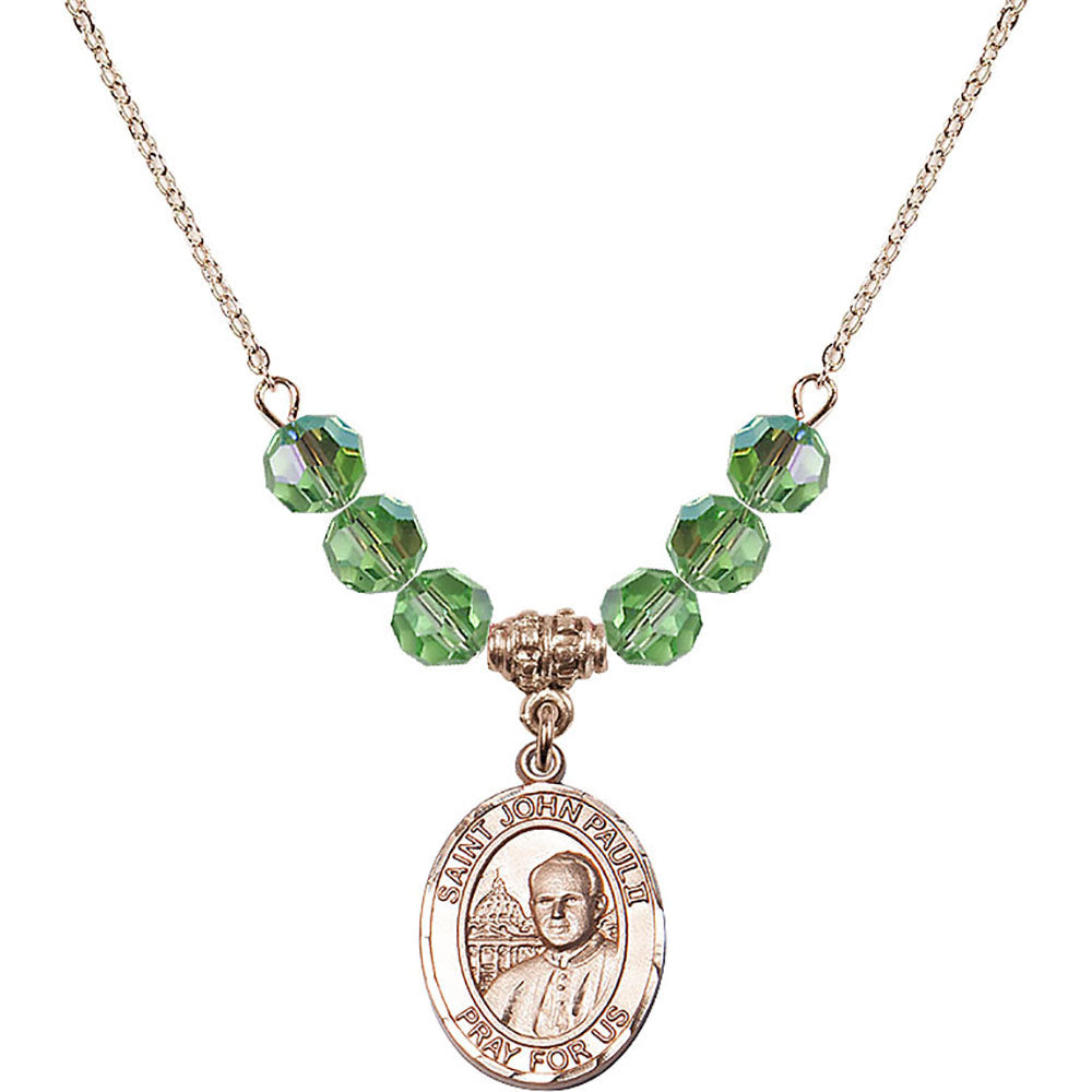 14kt Gold Filled Saint John Paul II Birthstone Necklace with Peridot Beads - 8234