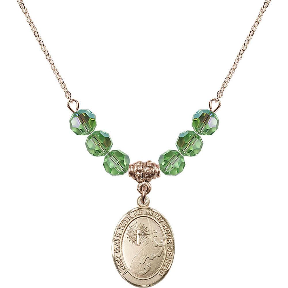 14kt Gold Filled Footprints / Cross Birthstone Necklace with Peridot Beads - 8237