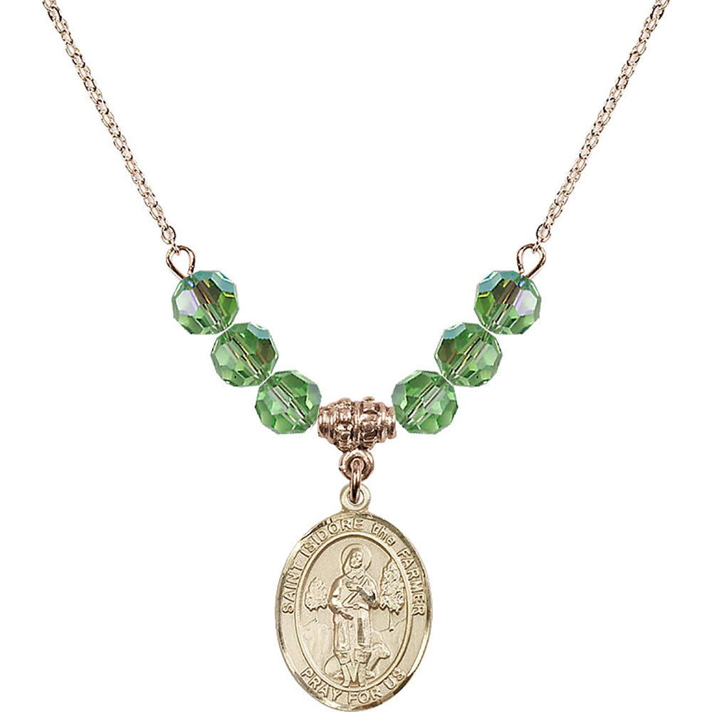 14kt Gold Filled Saint Isidore the Farmer Birthstone Necklace with Peridot Beads - 8276