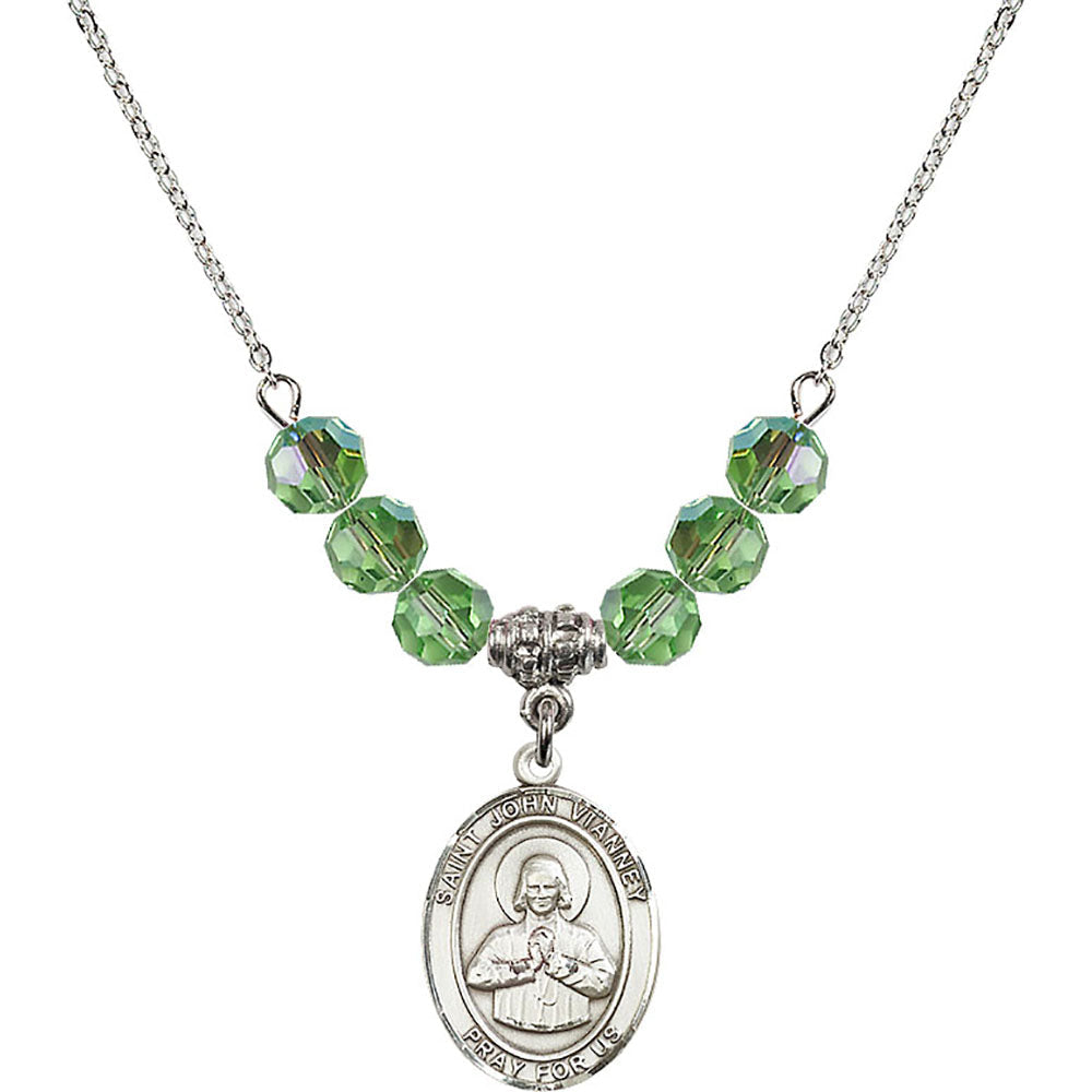 Sterling Silver Saint John Vianney Birthstone Necklace with Peridot Beads - 8282