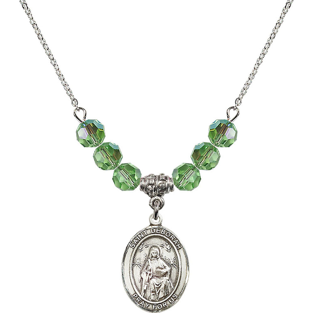 Sterling Silver Saint Deborah Birthstone Necklace with Peridot Beads - 8286