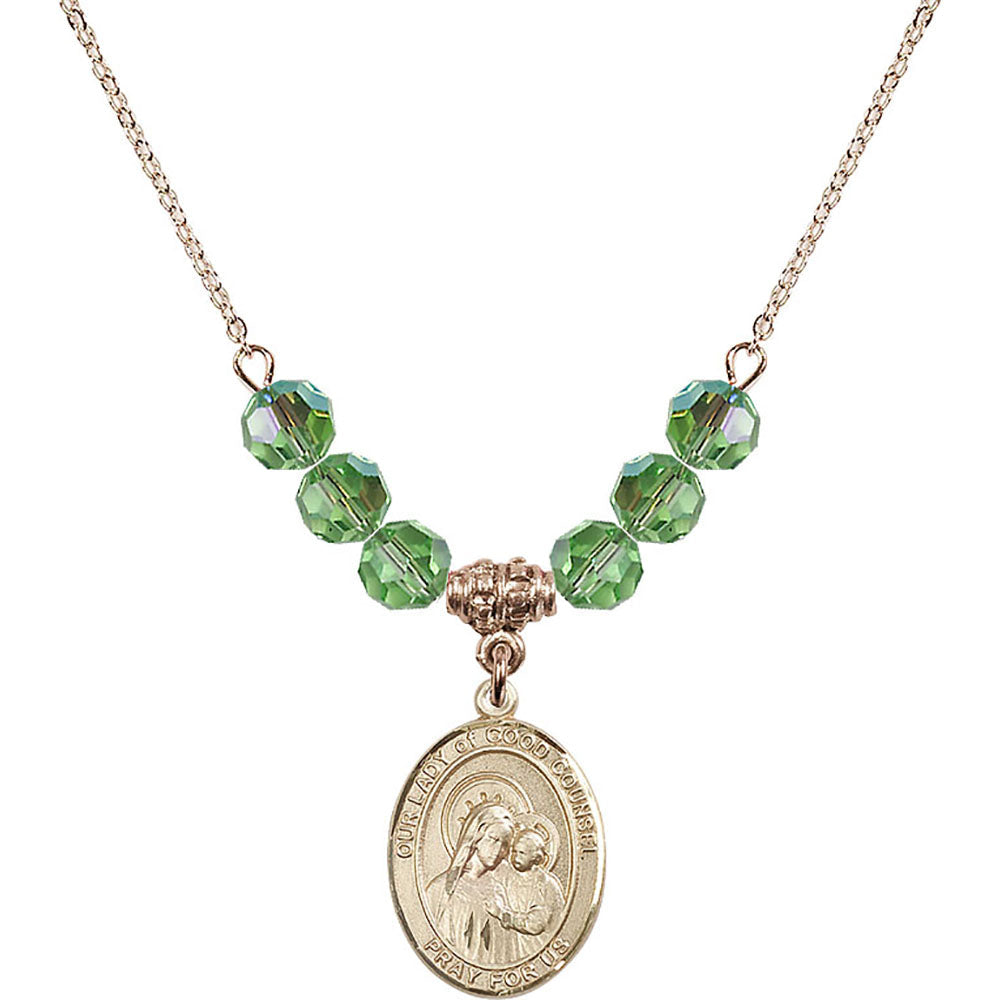 14kt Gold Filled Our Lady of Good Counsel Birthstone Necklace with Peridot Beads - 8287