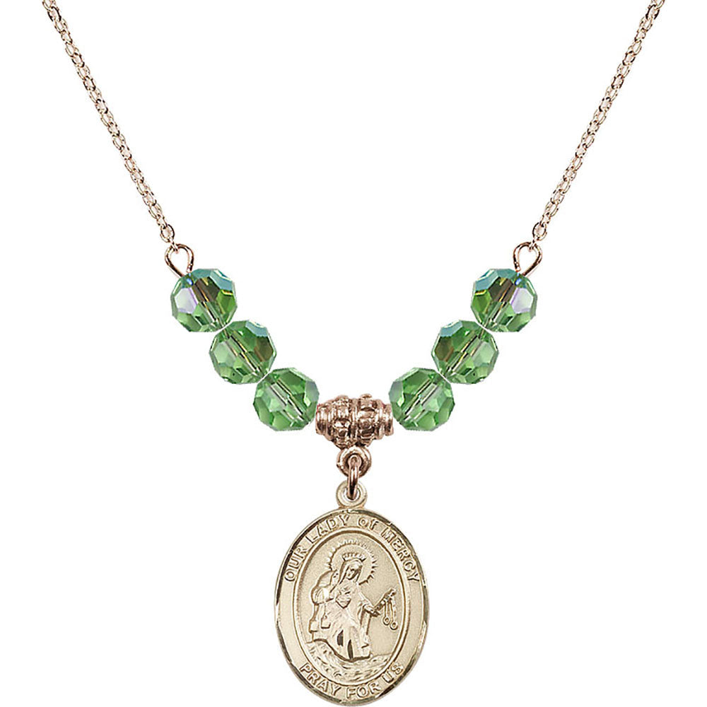 14kt Gold Filled Our Lady of Mercy Birthstone Necklace with Peridot Beads - 8289