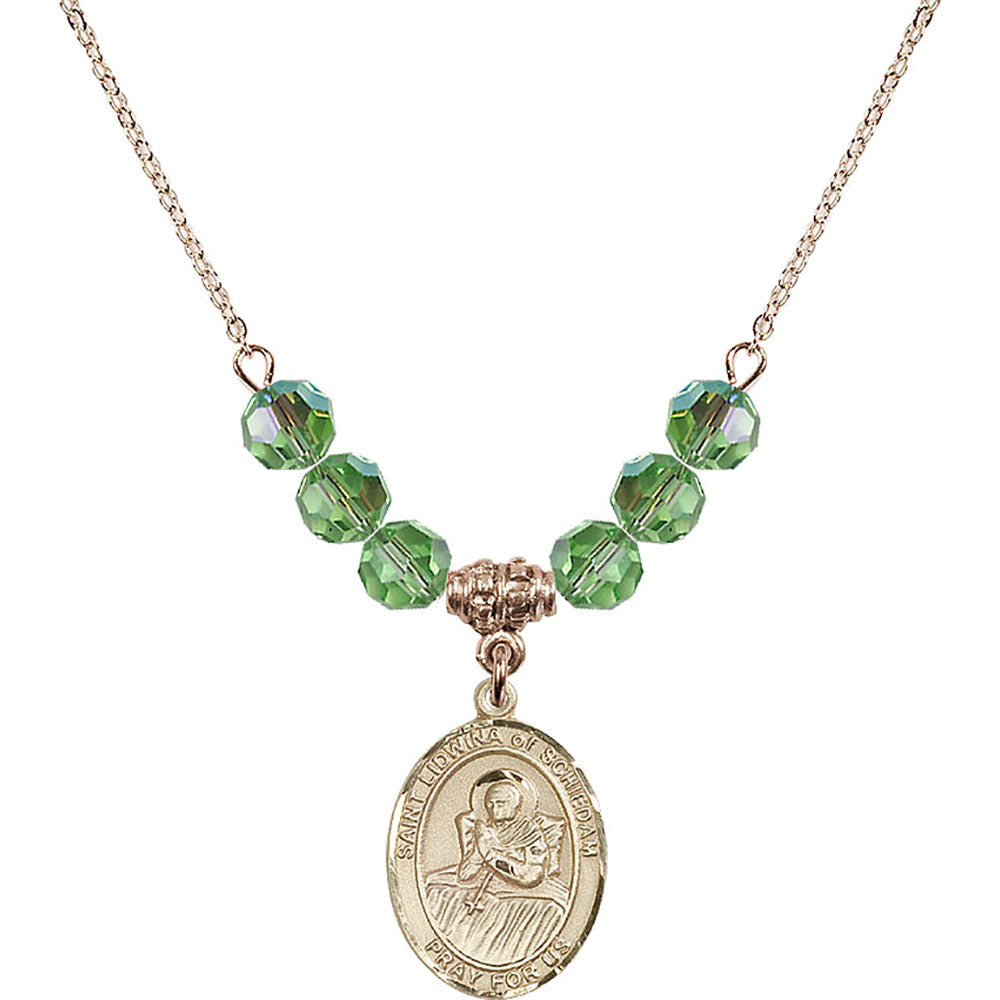 14kt Gold Filled Saint Lidwina of Schiedam Birthstone Necklace with Peridot Beads - 8297