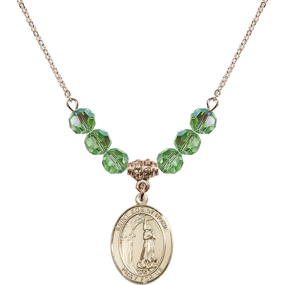 14kt Gold Filled Saint Zoe of Rome Birthstone Necklace with Peridot Beads - 8314