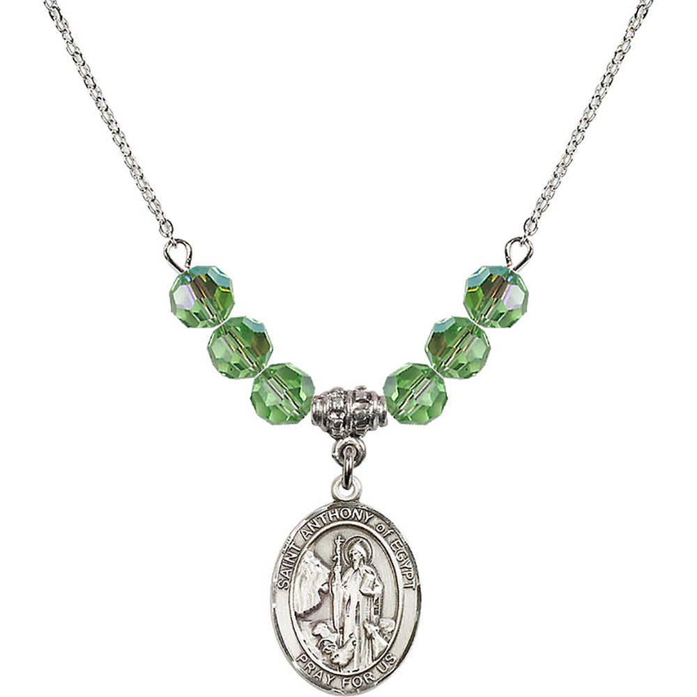 Sterling Silver Saint Anthony of Egypt Birthstone Necklace with Peridot Beads - 8317