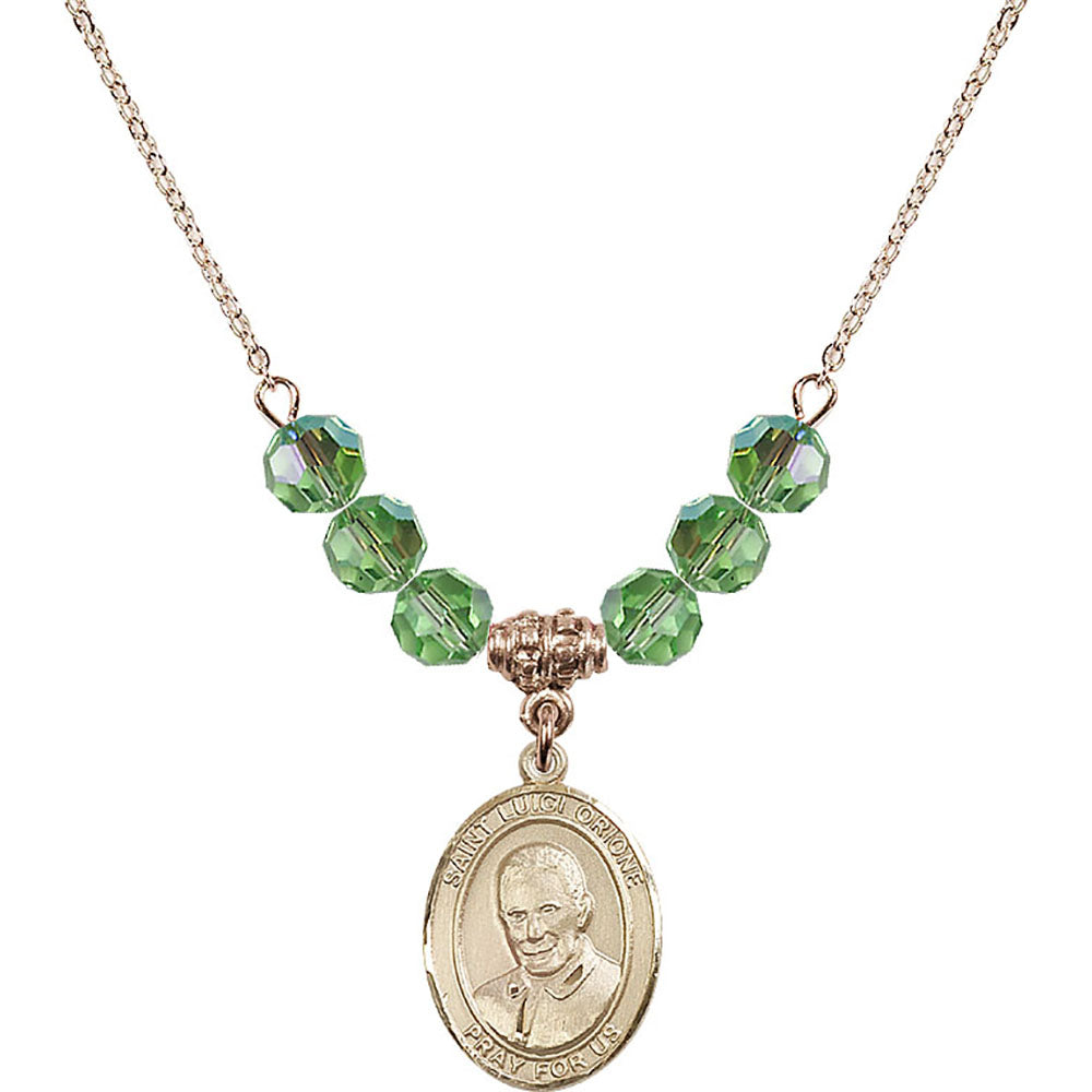 14kt Gold Filled Saint Luigi Orione Birthstone Necklace with Peridot Beads - 8326