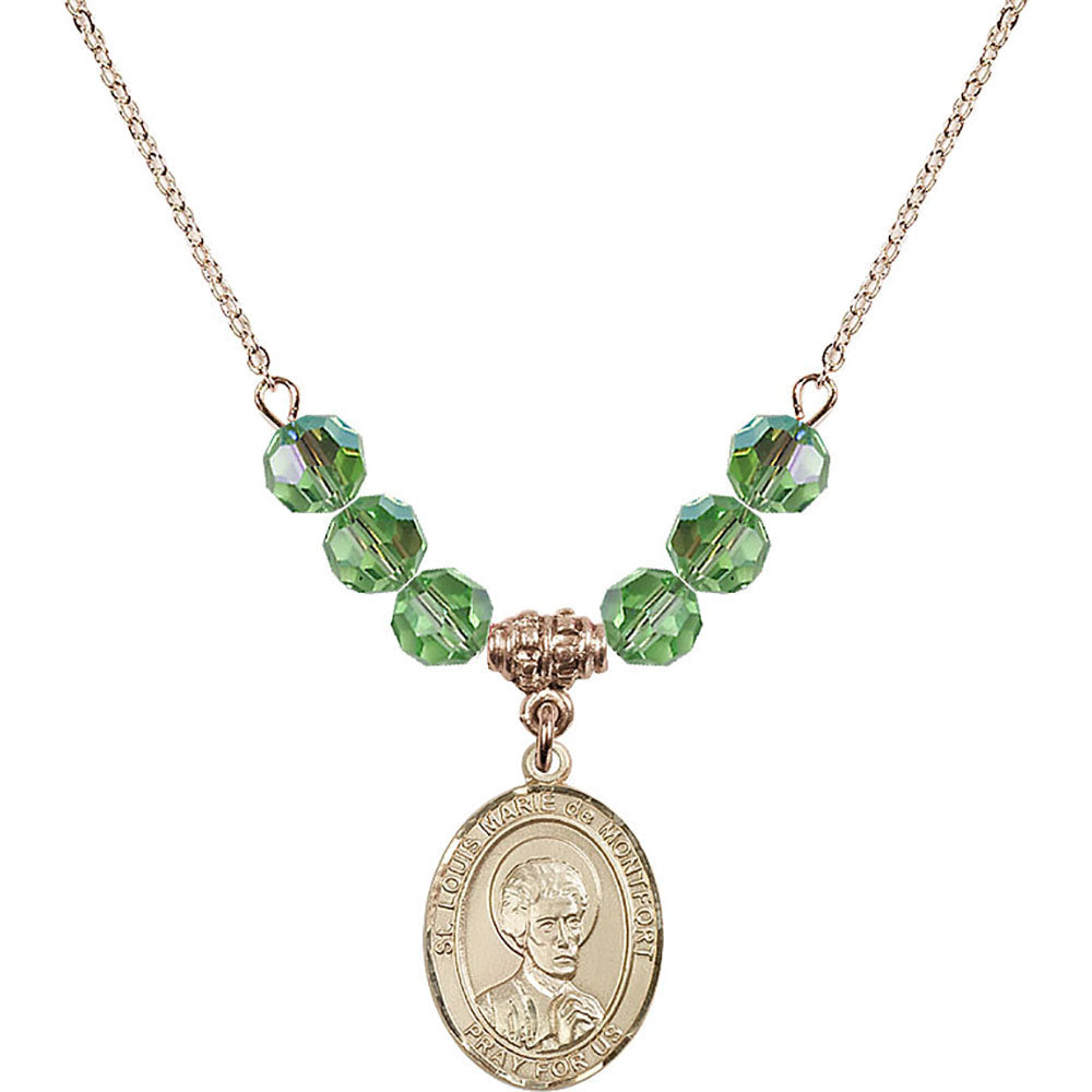 14kt Gold Filled Saint Louis Marie de Montfort Birthstone Necklace with Peridot Beads - 8330