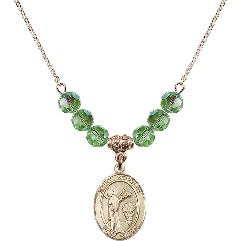 14kt Gold Filled Saint Kenneth Birthstone Necklace with Peridot Beads - 8332
