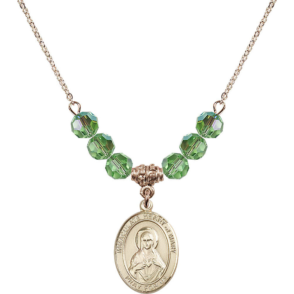 14kt Gold Filled Immaculate Heart of Mary Birthstone Necklace with Peridot Beads - 8337