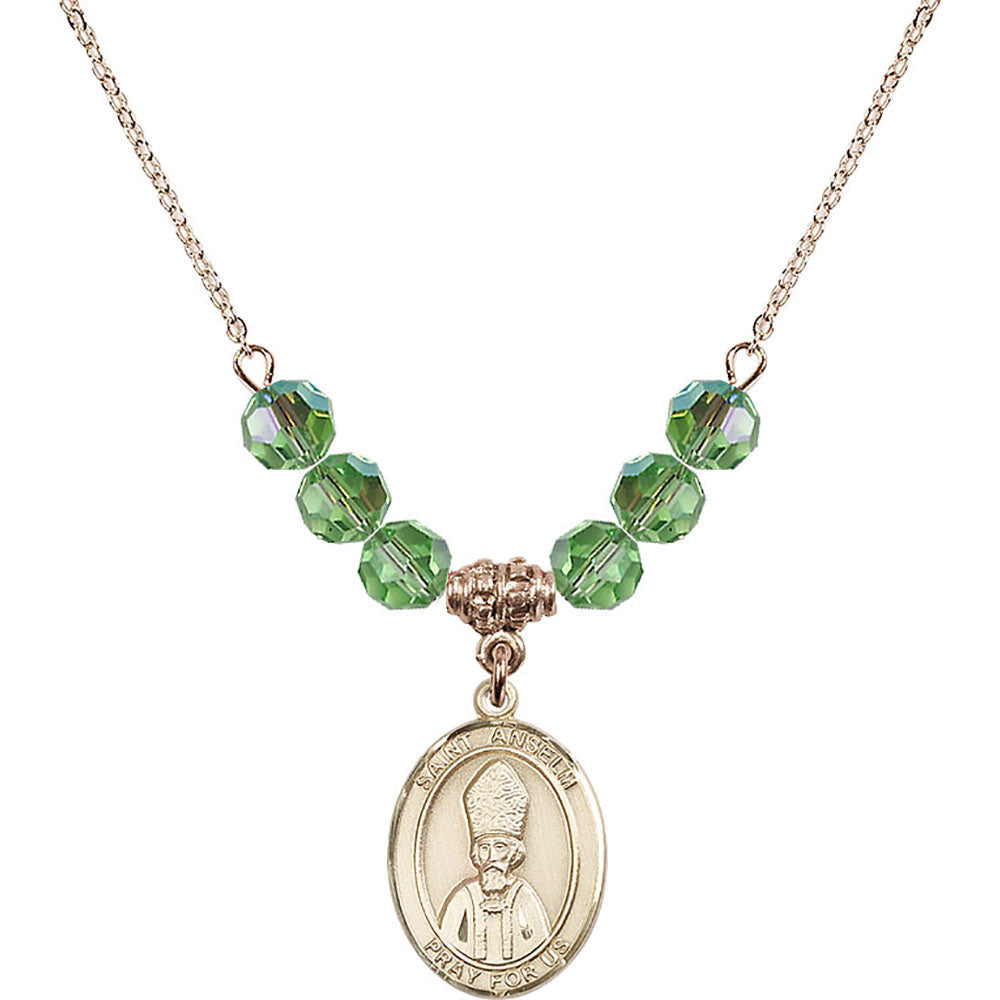 14kt Gold Filled Saint Anselm of Canterbury Birthstone Necklace with Peridot Beads - 8342
