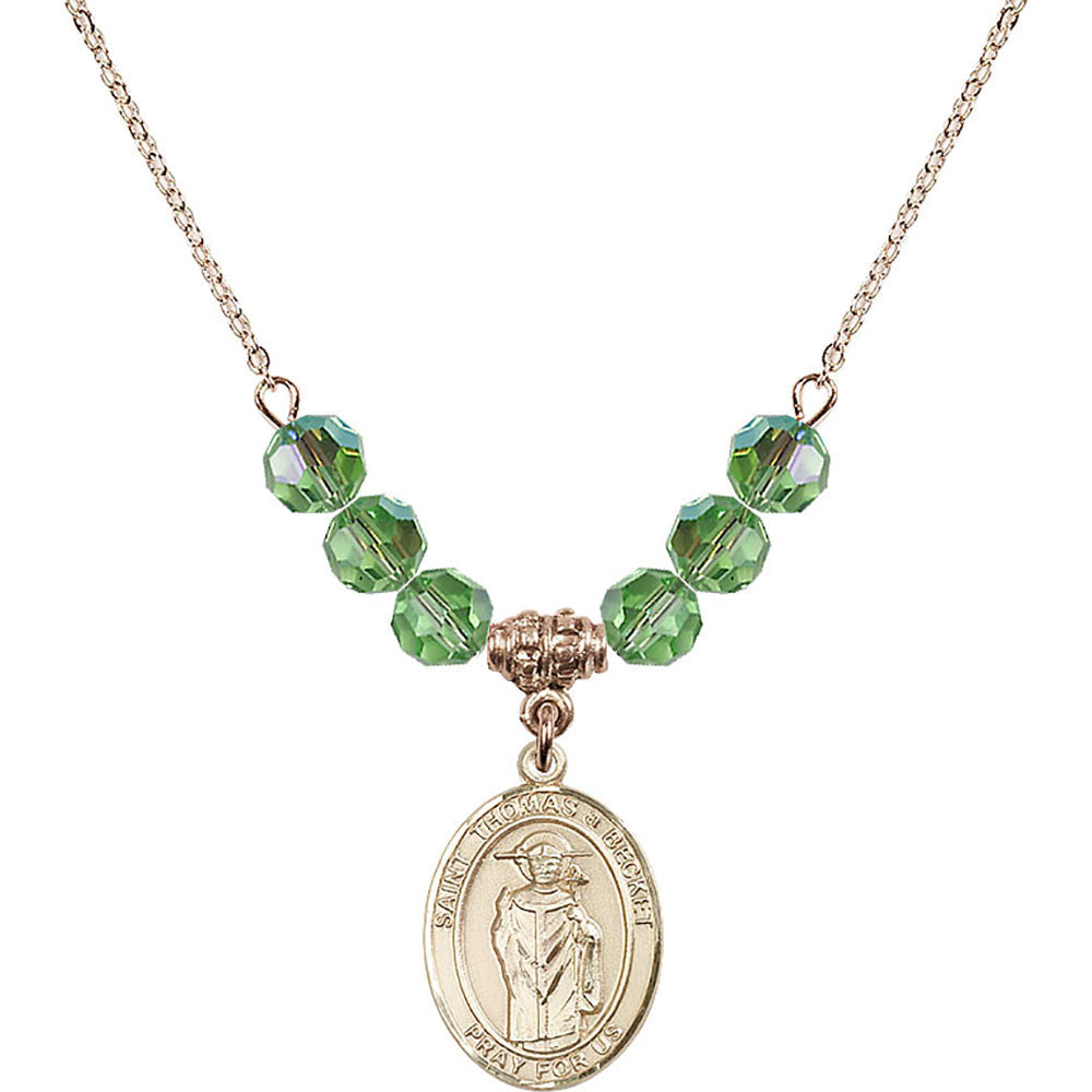 14kt Gold Filled Saint Thomas A Becket Birthstone Necklace with Peridot Beads - 8344