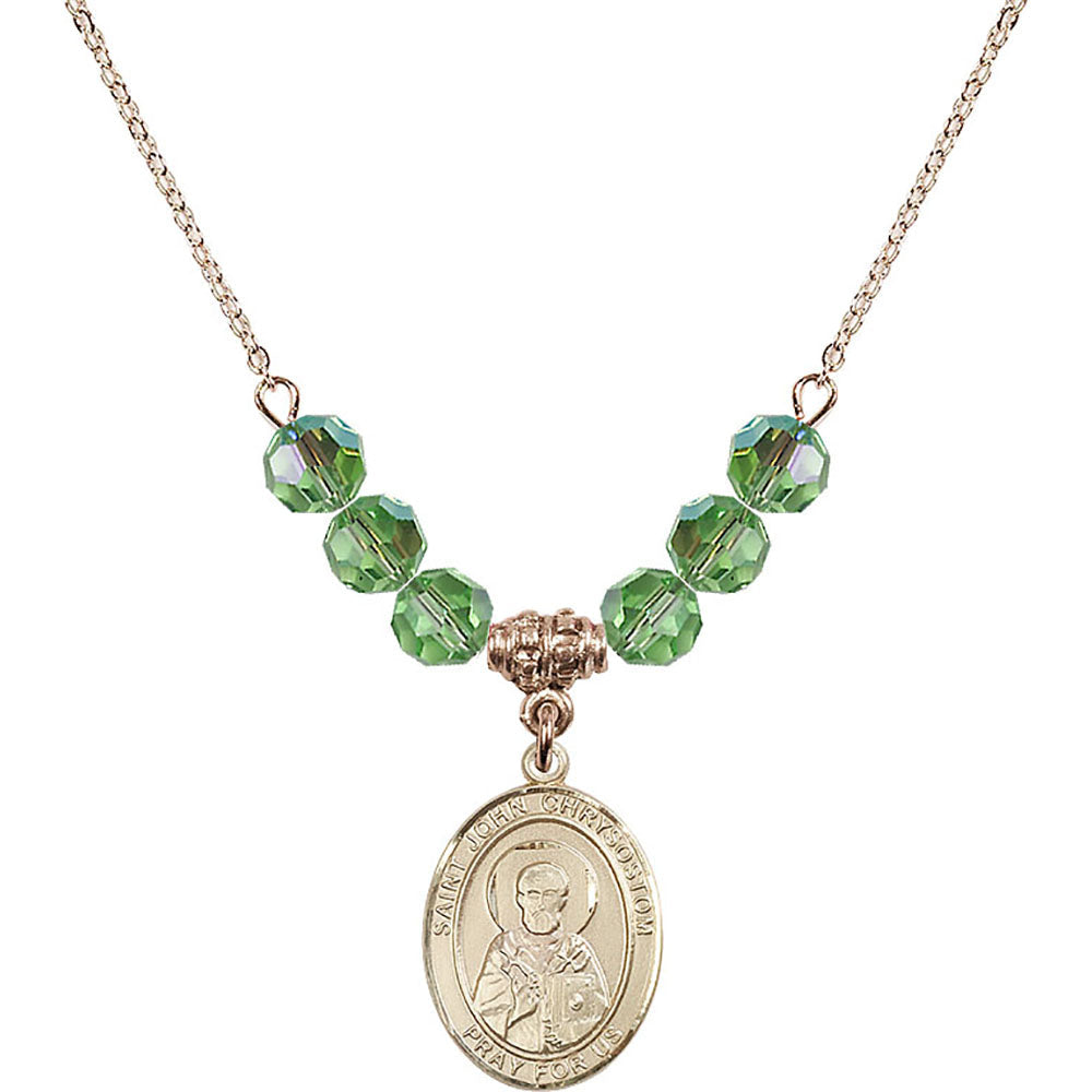 14kt Gold Filled Saint John Chrysostom Birthstone Necklace with Peridot Beads - 8357