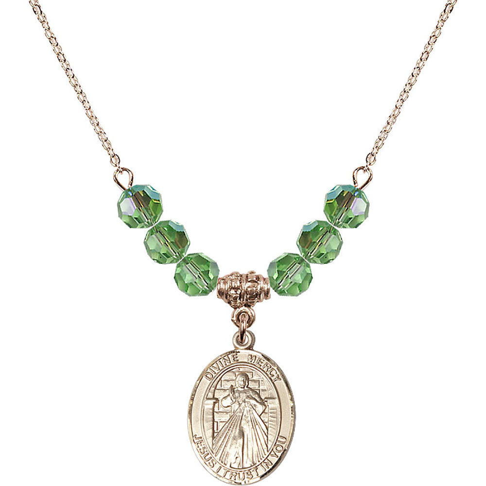 14kt Gold Filled Divine Mercy Birthstone Necklace with Peridot Beads - 8366