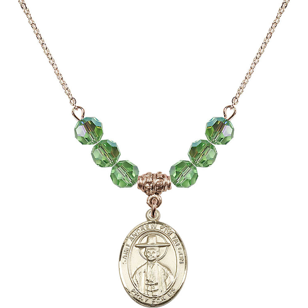 14kt Gold Filled Saint Andrew Kim Taegon Birthstone Necklace with Peridot Beads - 8373