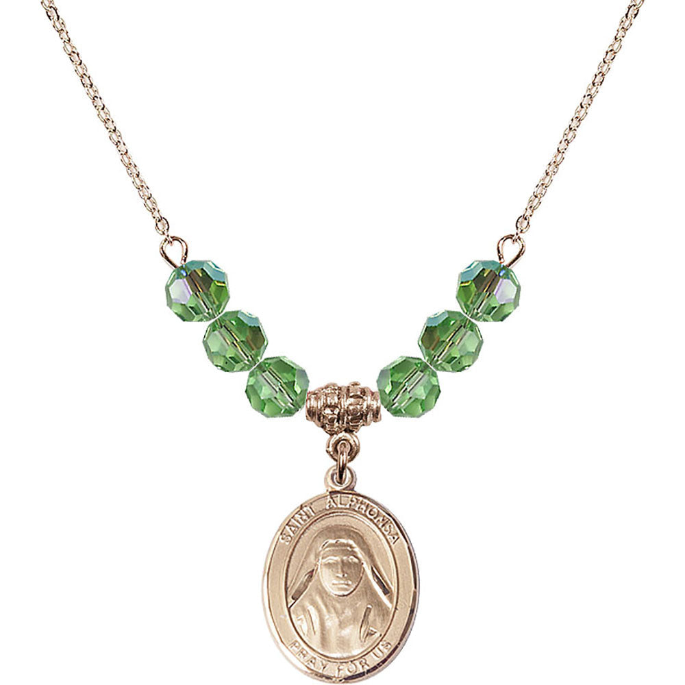 14kt Gold Filled Saint Alphonsa of India Birthstone Necklace with Peridot Beads - 8406
