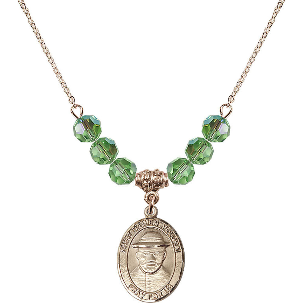 14kt Gold Filled Saint Damien of Molokai Birthstone Necklace with Peridot Beads - 8412