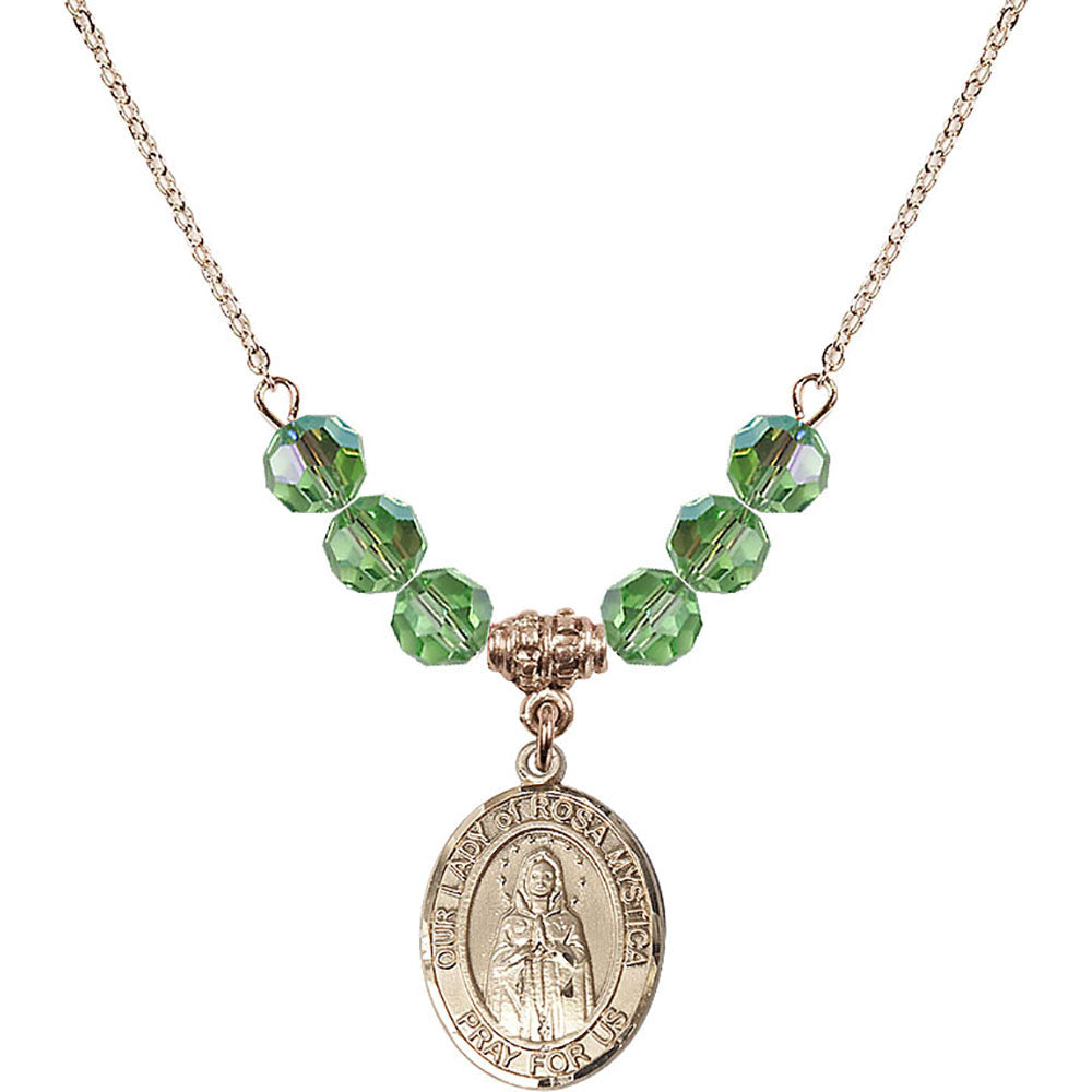 14kt Gold Filled Our Lady of Rosa Mystica Birthstone Necklace with Peridot Beads - 8413