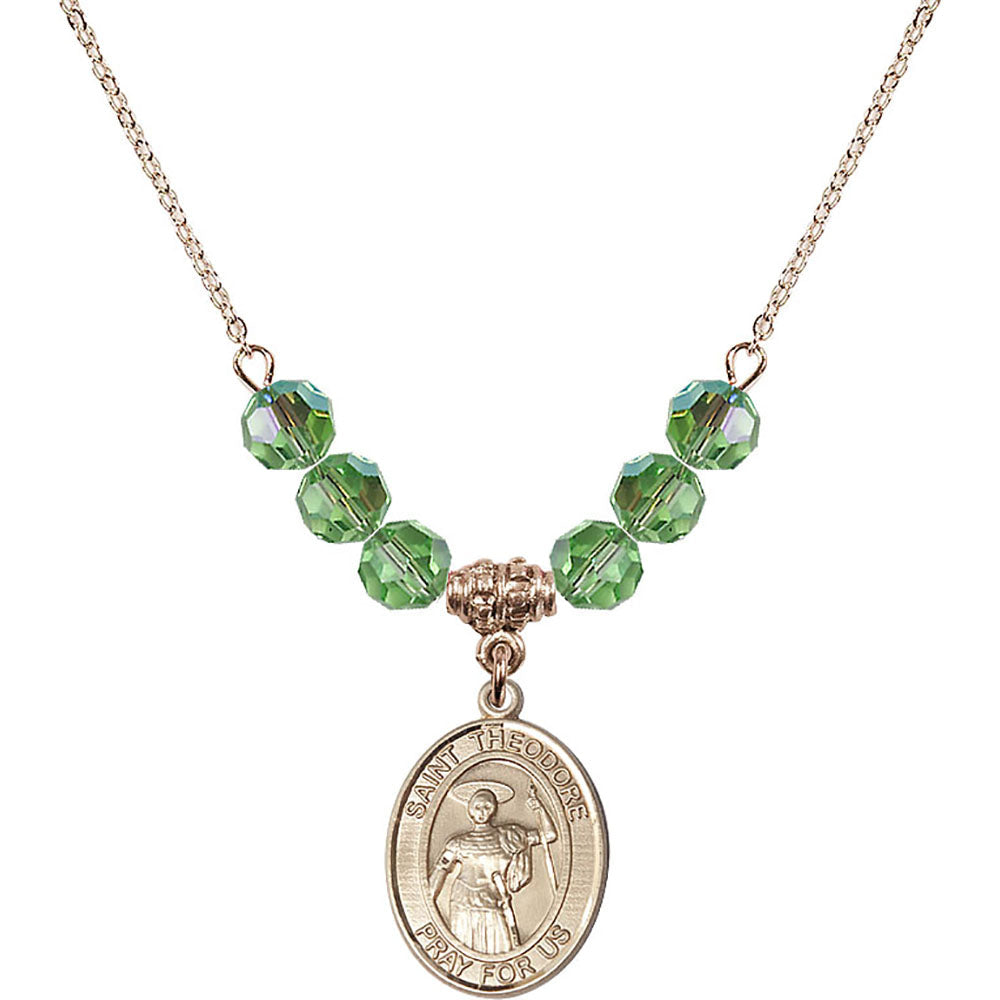 14kt Gold Filled Saint Theodore Stratelates Birthstone Necklace with Peridot Beads - 8415