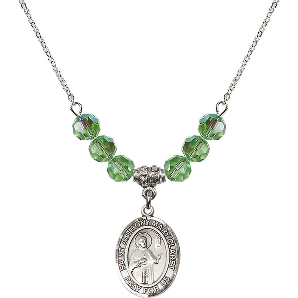 Sterling Silver Saint Anthony Mary Claret Birthstone Necklace with Peridot Beads - 8416