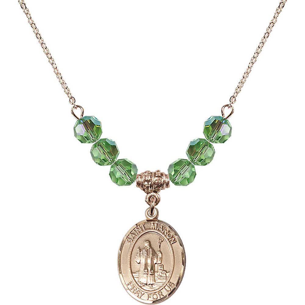 14kt Gold Filled Saint Maron Birthstone Necklace with Peridot Beads - 8417