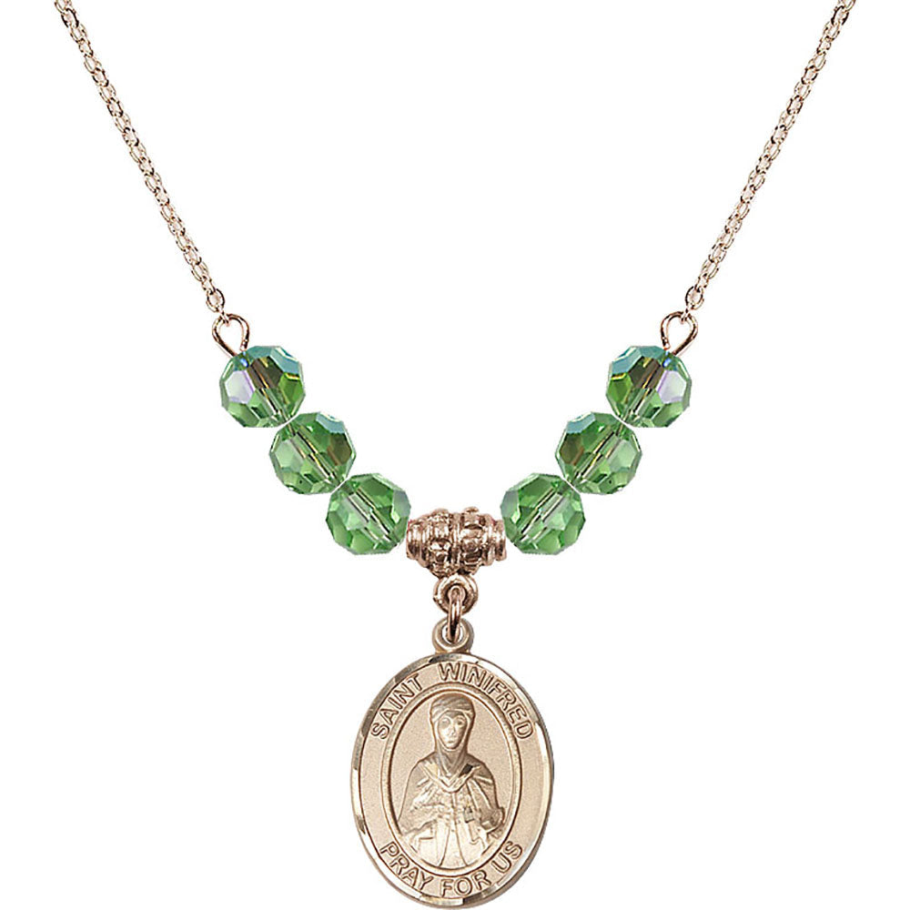 14kt Gold Filled Saint Winifred of Wales Birthstone Necklace with Peridot Beads - 8419