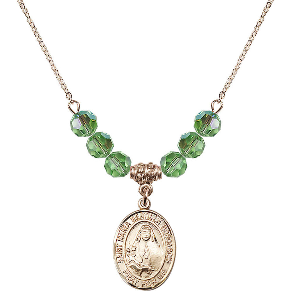 14kt Gold Filled Saint Maria Bertilla Boscardin Birthstone Necklace with Peridot Beads - 8428