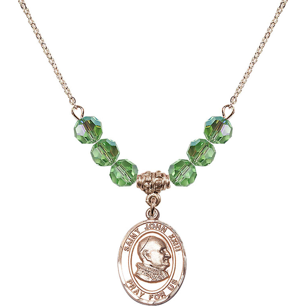 14kt Gold Filled Saint John XXIII Birthstone Necklace with Peridot Beads - 8455