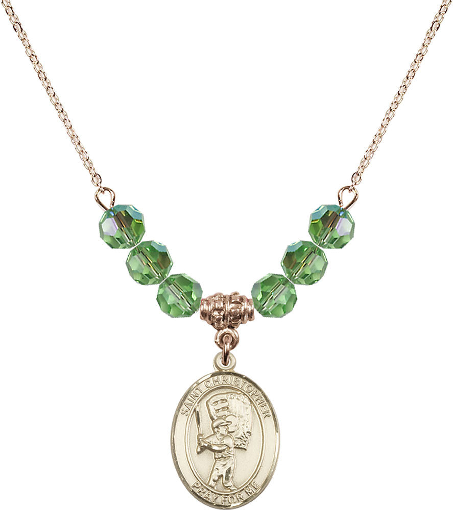 14kt Gold Filled Saint Christopher/Baseball Birthstone Necklace with Peridot Beads - 8500