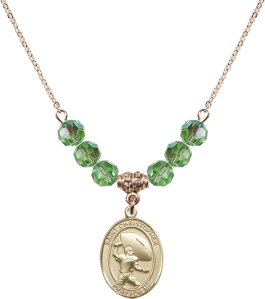 14kt Gold Filled Saint Christopher / Football Birthstone Necklace with Peridot Beads - 8501