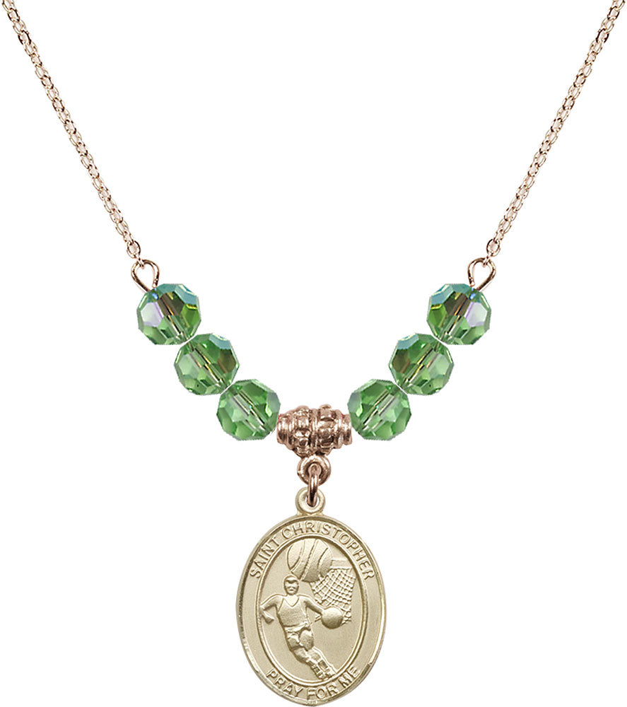 14kt Gold Filled Saint Christopher/Basketball Birthstone Necklace with Peridot Beads - 8502