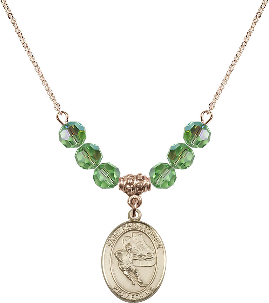 14kt Gold Filled Saint Christopher/Hockey Birthstone Necklace with Peridot Beads - 8504