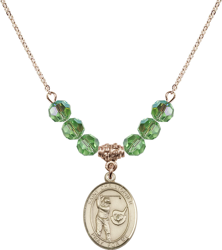 14kt Gold Filled Saint Christopher/Golf Birthstone Necklace with Peridot Beads - 8506