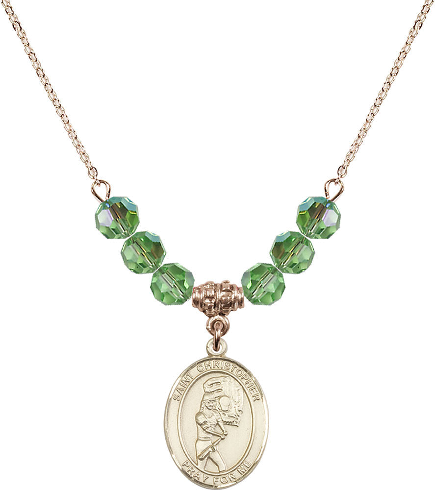 14kt Gold Filled Saint Christopher/Softball Birthstone Necklace with Peridot Beads - 8507