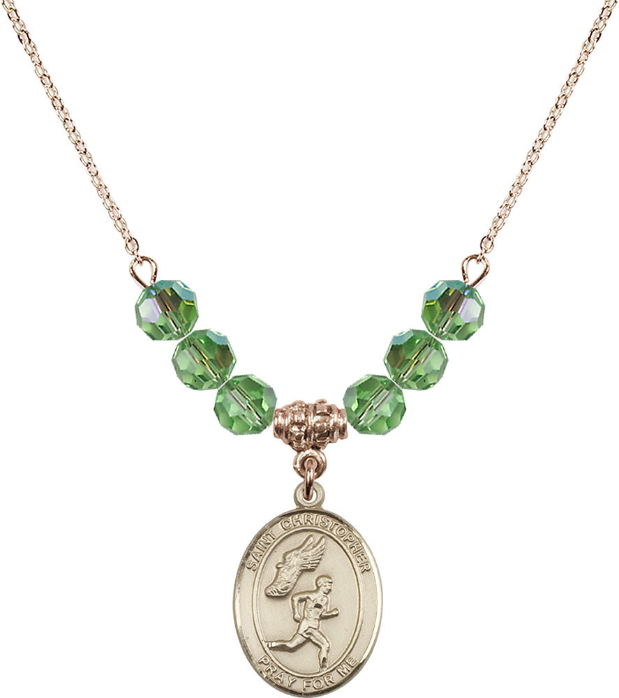 14kt Gold Filled Saint Christopher/Track&Field-Men Birthstone Necklace with Peridot Beads - 8509