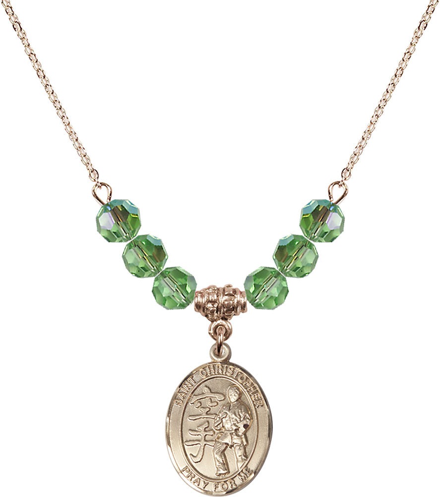 14kt Gold Filled Saint Christopher / Karate Birthstone Necklace with Peridot Beads - 8515