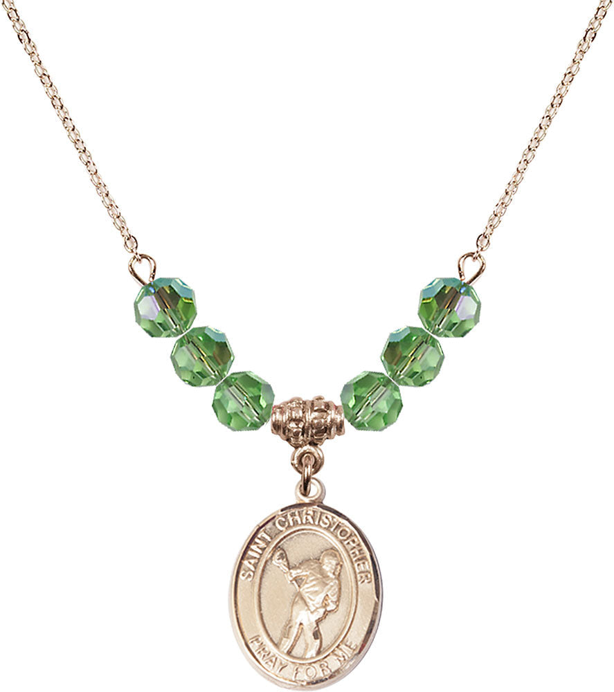 14kt Gold Filled Saint Christopher/Lacrosse Birthstone Necklace with Peridot Beads - 8516
