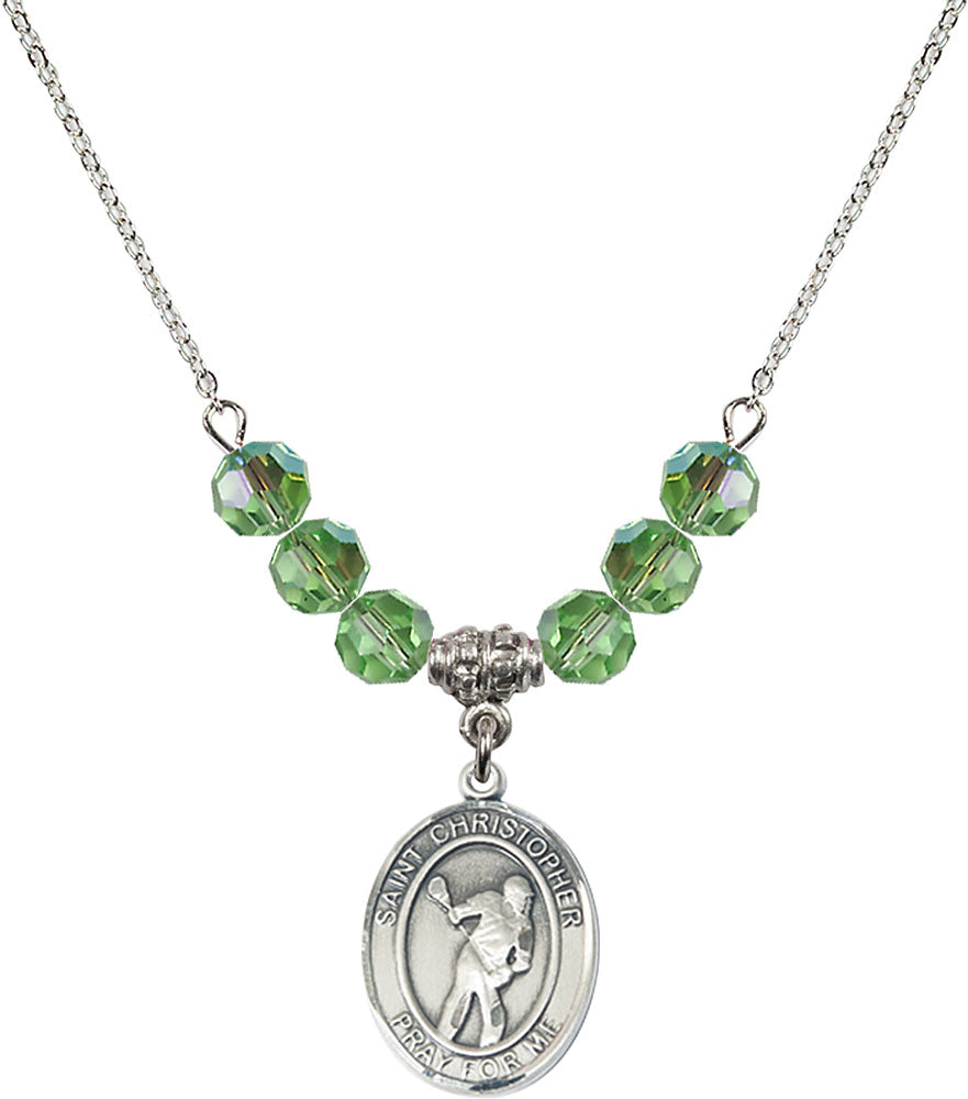 Sterling Silver Saint Christopher/Lacrosse Birthstone Necklace with Peridot Beads - 8516