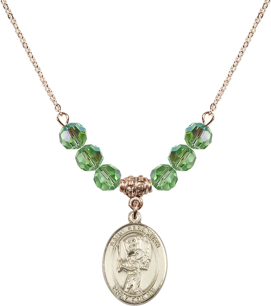 14kt Gold Filled Saint Sebastian / Baseball Birthstone Necklace with Peridot Beads - 8600