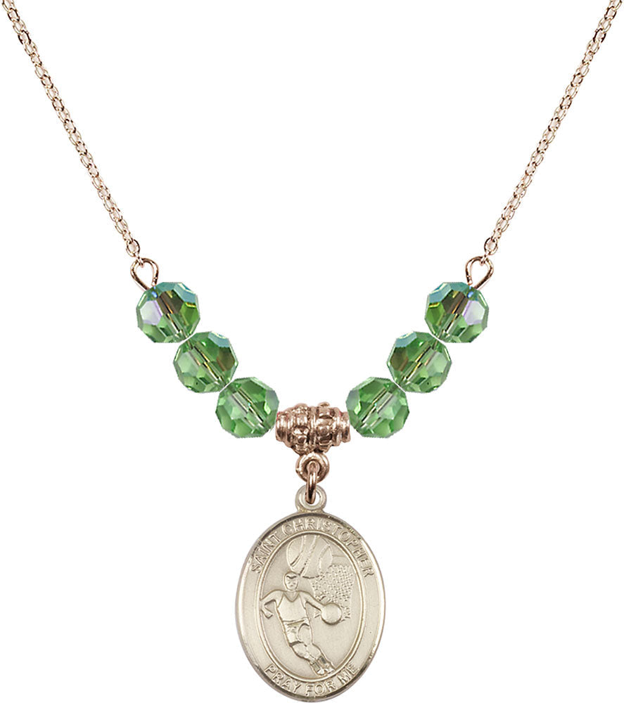 14kt Gold Filled Saint Sebastian/Basketball Birthstone Necklace with Peridot Beads - 8602