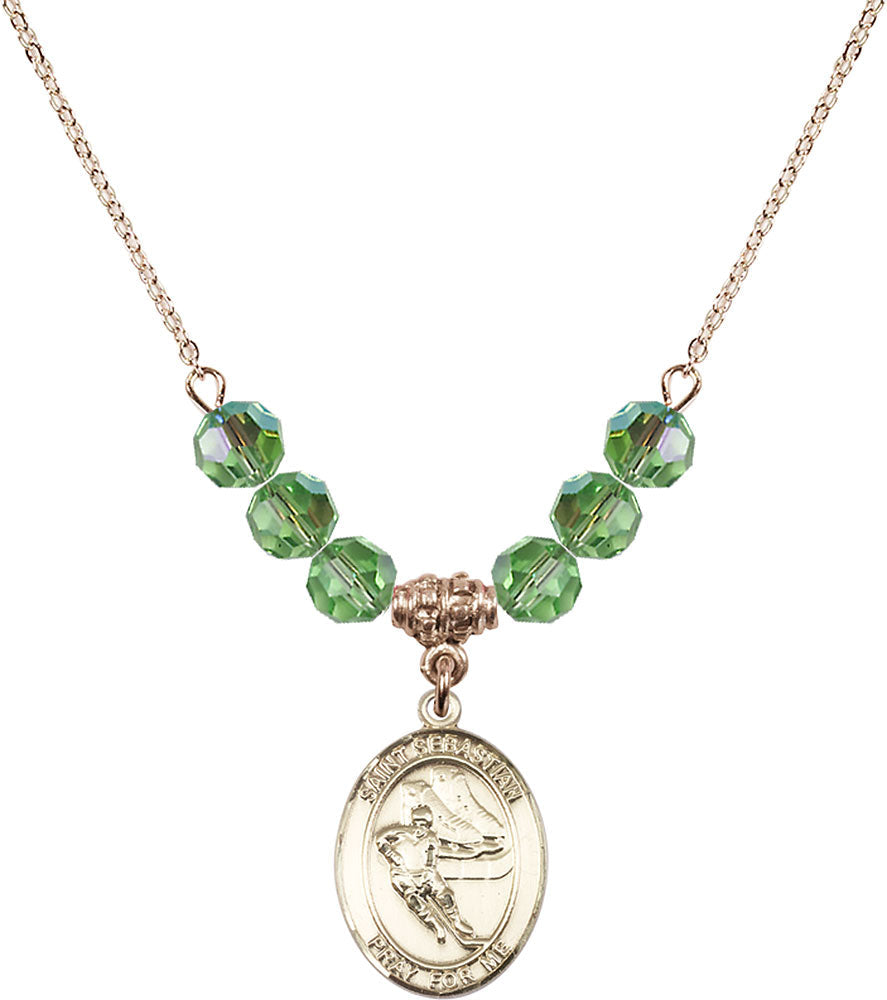 14kt Gold Filled Saint Sebastian / Hockey Birthstone Necklace with Peridot Beads - 8604