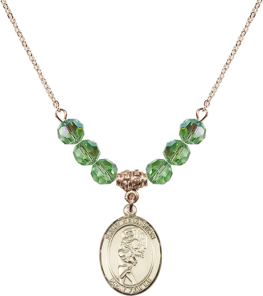 14kt Gold Filled Saint Sebastian/Softball Birthstone Necklace with Peridot Beads - 8607