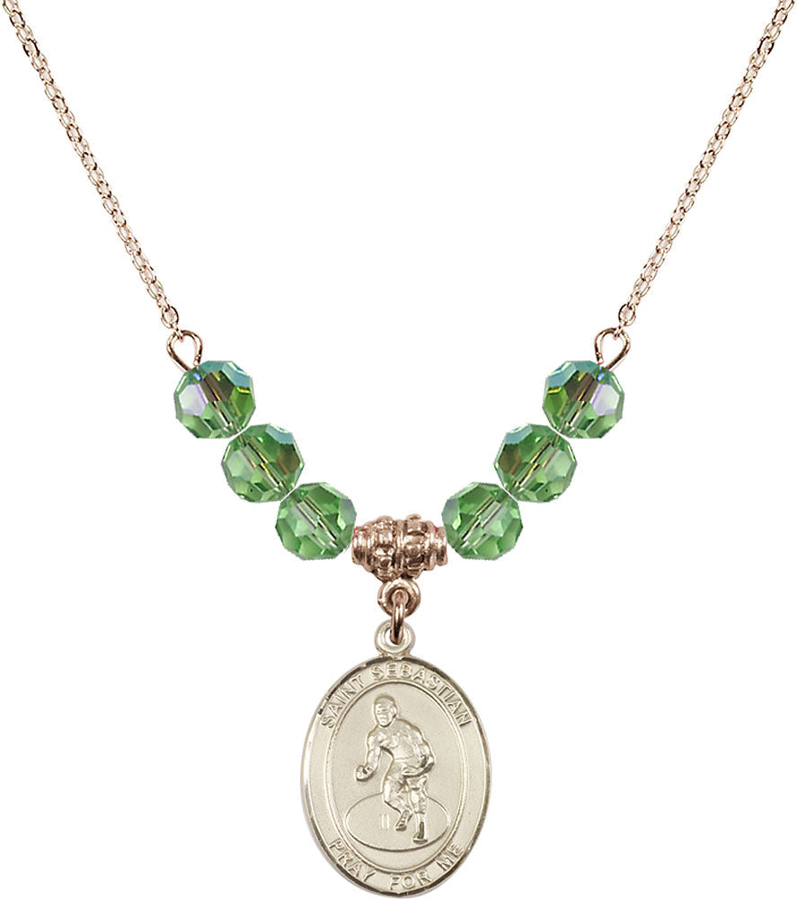 14kt Gold Filled Saint Sebastian/Wrestling Birthstone Necklace with Peridot Beads - 8608