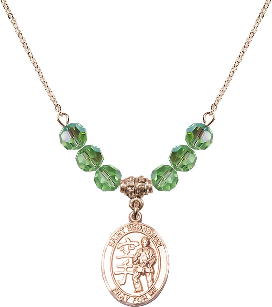 14kt Gold Filled Saint Sebastian/Karate Birthstone Necklace with Peridot Beads - 8615