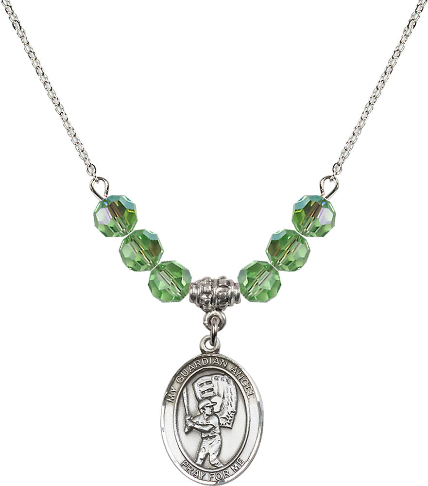 Sterling Silver Guardian Angel/Baseball Birthstone Necklace with Peridot Beads - 8700