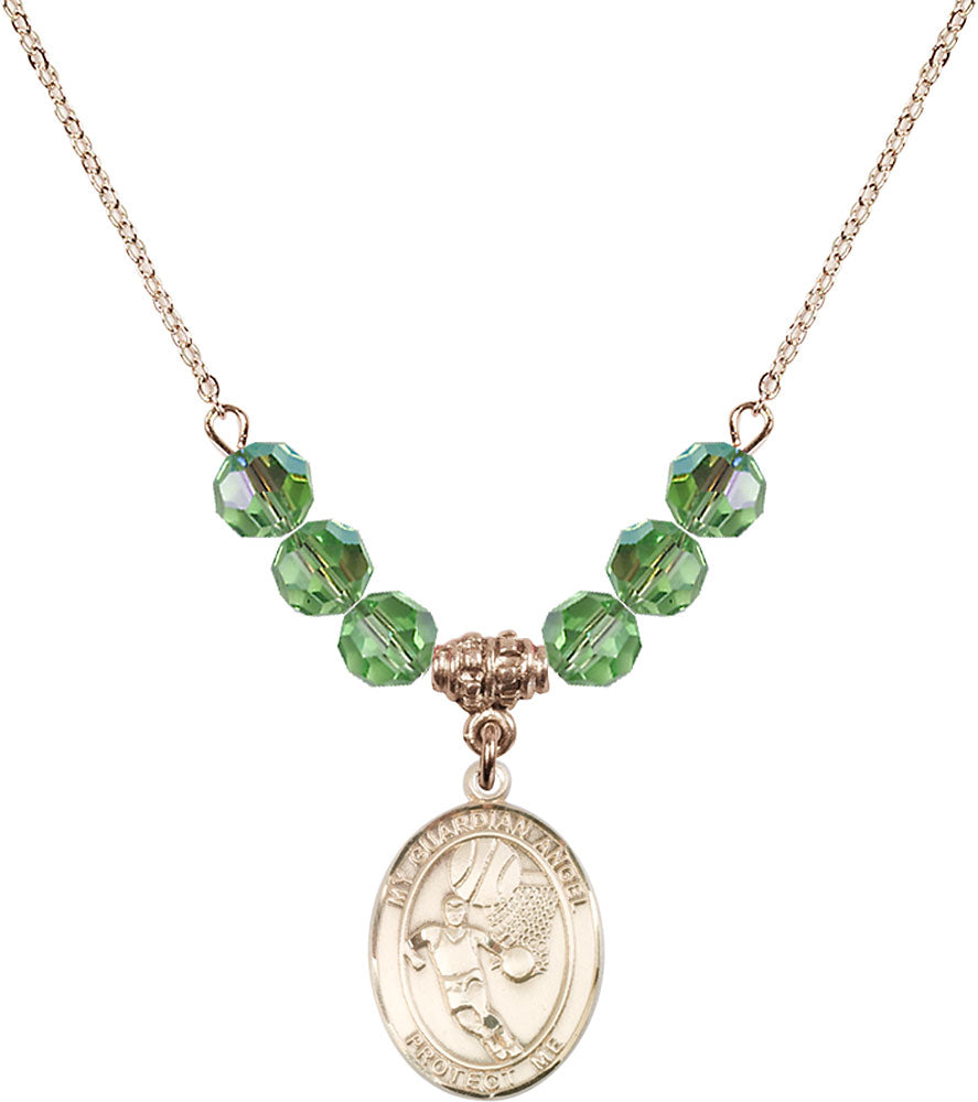 14kt Gold Filled Guardian Angel/Basketball Birthstone Necklace with Peridot Beads - 8702