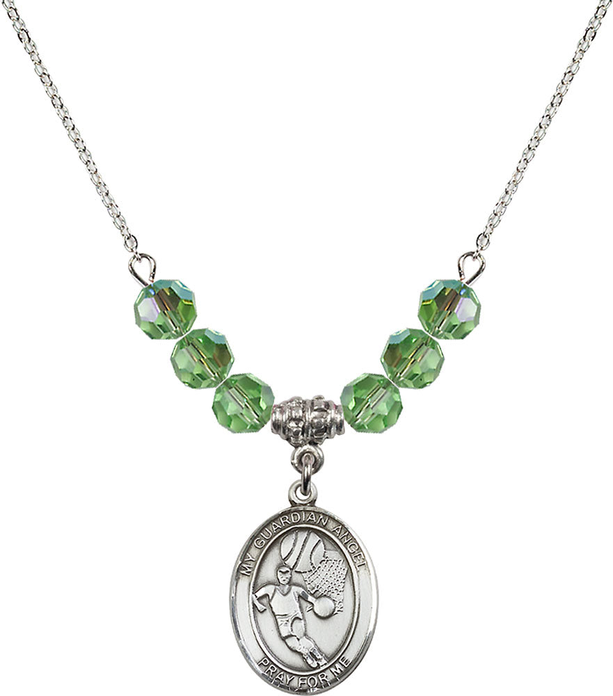 Sterling Silver Guardian Angel/Basketball Birthstone Necklace with Peridot Beads - 8702