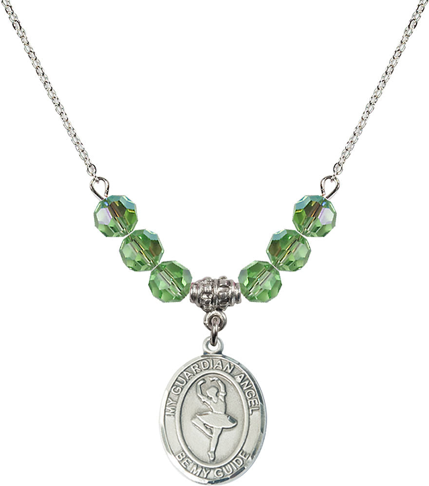 Sterling Silver Guardian Angel/Dance Birthstone Necklace with Peridot Beads - 8712