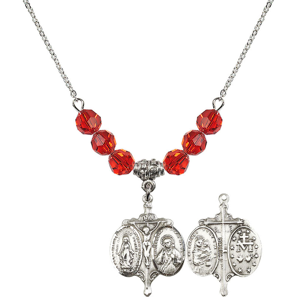 Sterling Silver Novena Birthstone Necklace with Ruby Beads - 0021