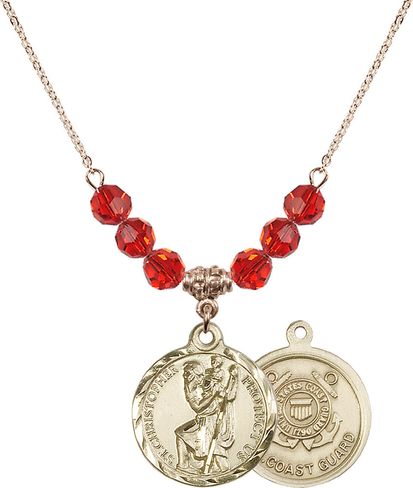 14kt Gold Filled Saint Christopher / Coast Guard Birthstone Necklace with Ruby Beads - 0192